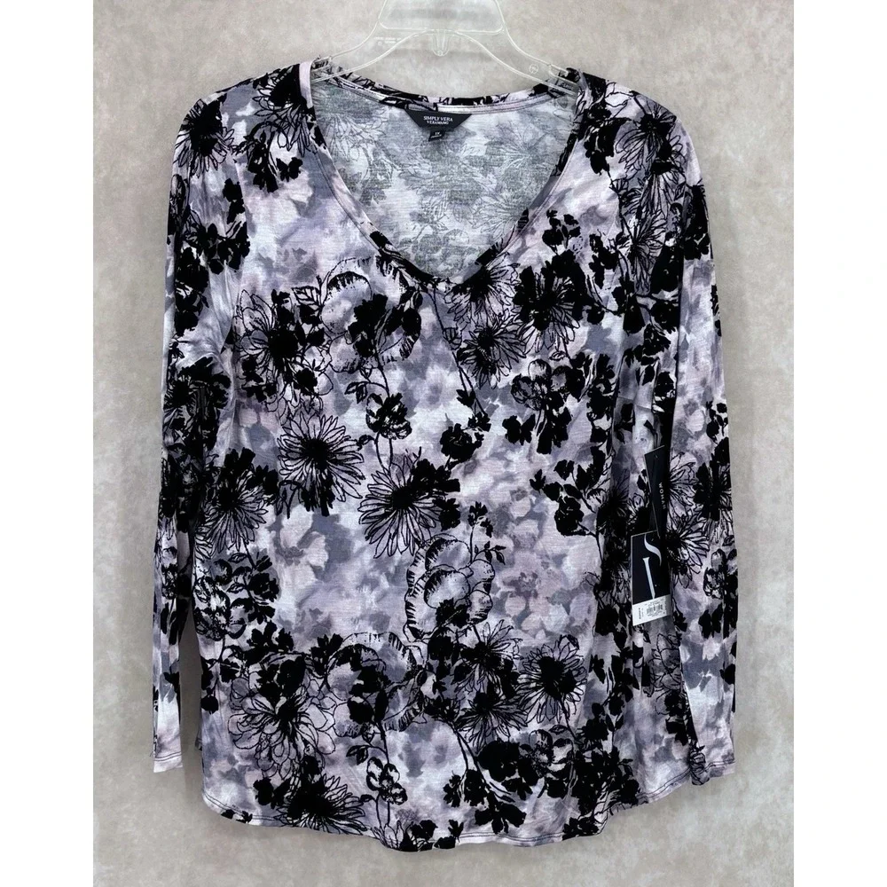 Simply Vera‎ Vera Wang Floral Velvet Burnout Top 1X Purple Black Long Sleeve NWT
